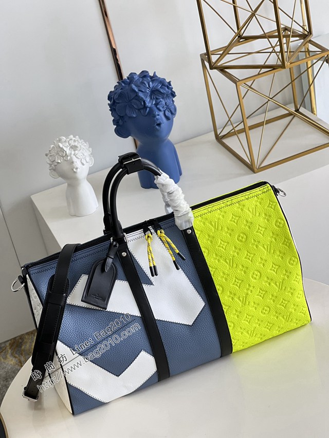 LV專櫃2023新款Keepall Bandoulière50旅行袋 M59922拼色 路易威登大號LV字母拼色旅行包 dn1117